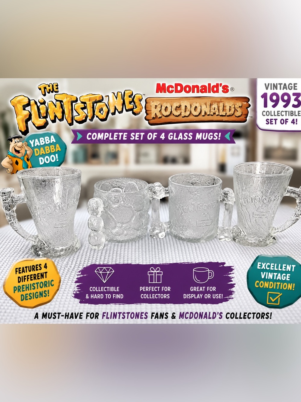 McDonald's Flintstones RocDonald’s Clear Glass Mug Set -4
